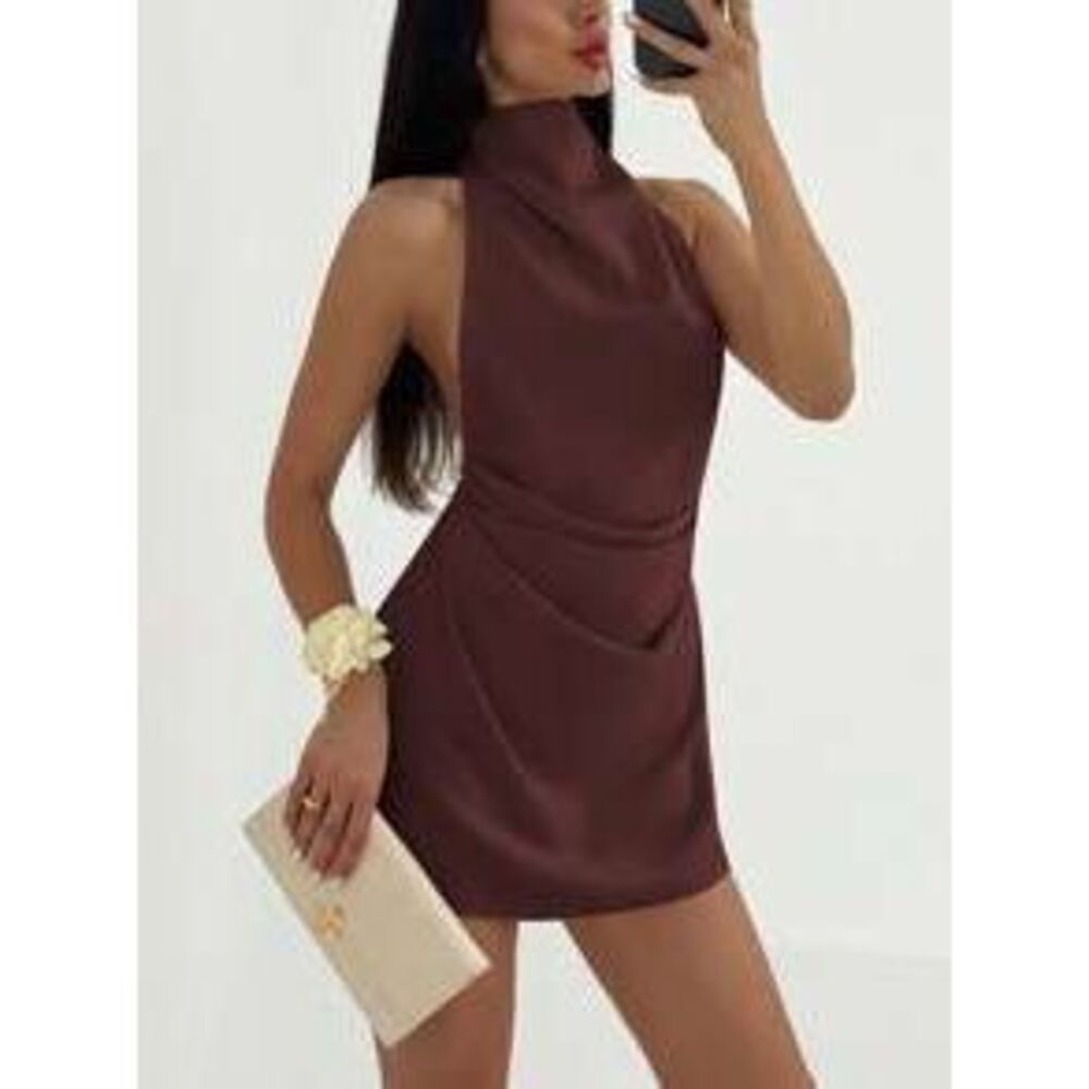 Aloruh Minimalist Backless Tie-Up Pleated Mini Apricot Dress For Women,Elegant …